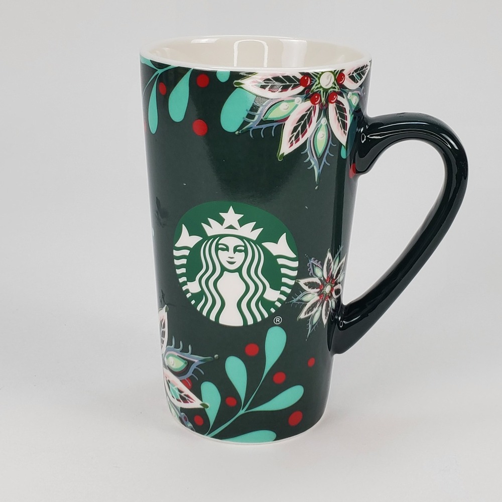Starbucks 2020 Holiday Coffee Mug 16oz Green Poinsettia Floral Ceramic Tall Cup